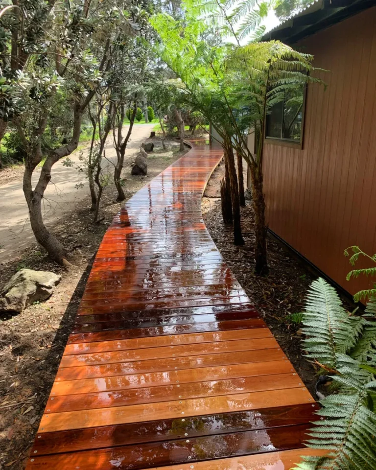 Wet wooden walkway through lush greenery.