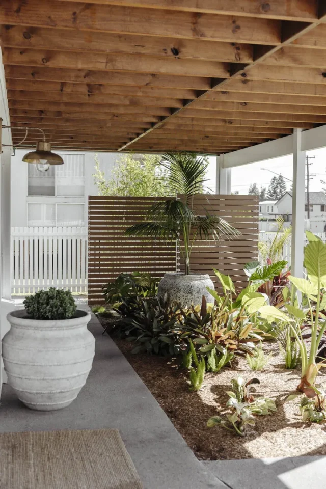 Covered patio with plants and wooden ceiling