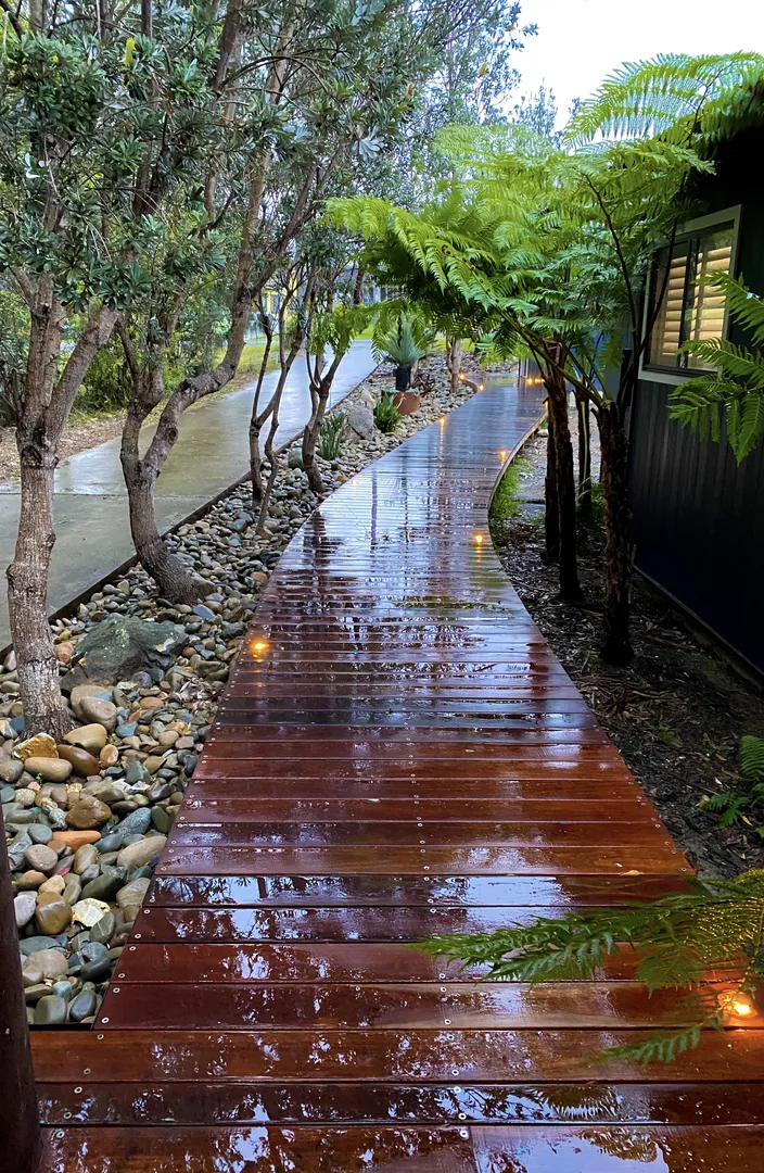 Rainy wooden path surrounded by trees and rocks.