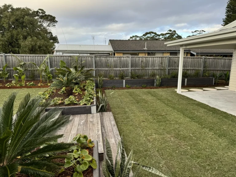 Backyard with garden beds and wooden walkway.