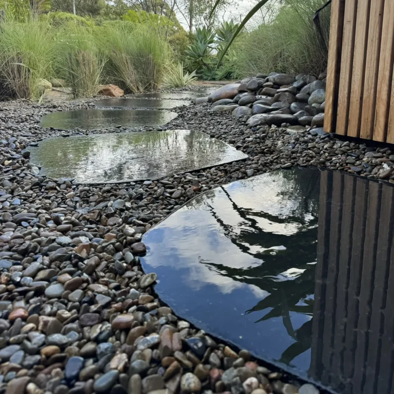 Wet stone pathway in a lush garden.