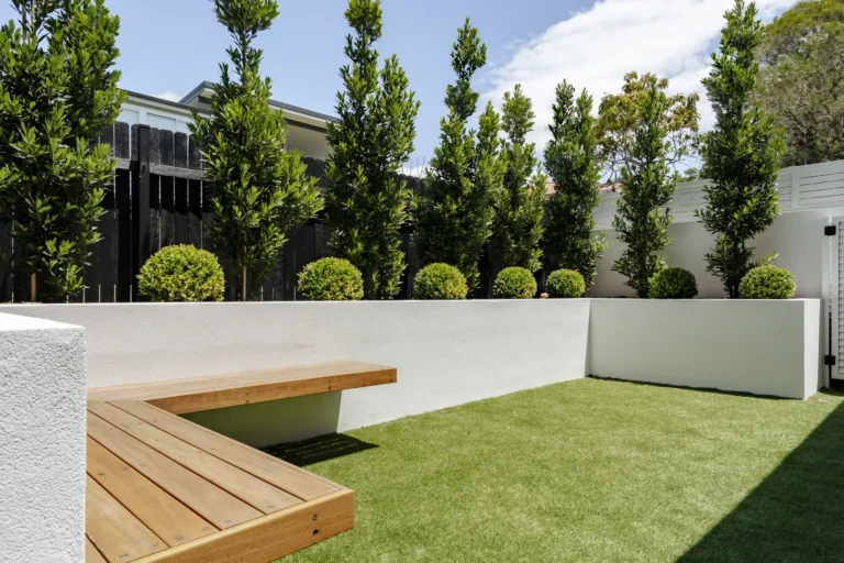 Modern backyard with wooden bench and tall hedges