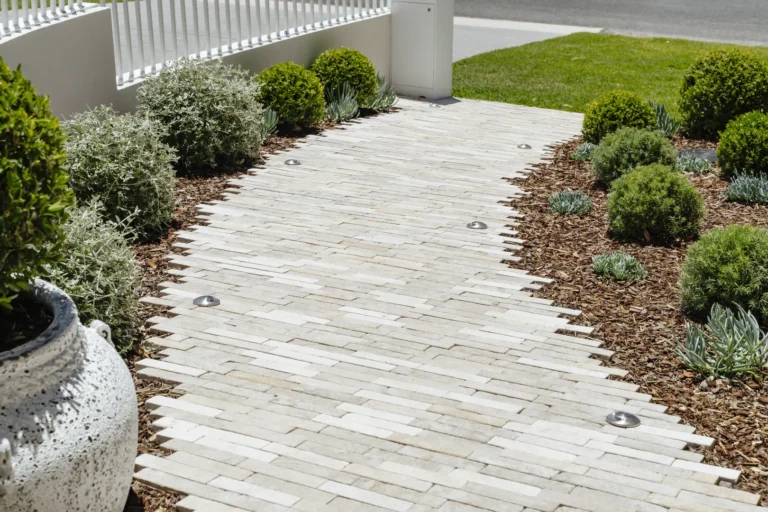 Stone garden pathway with shrubs and landscape lighting
